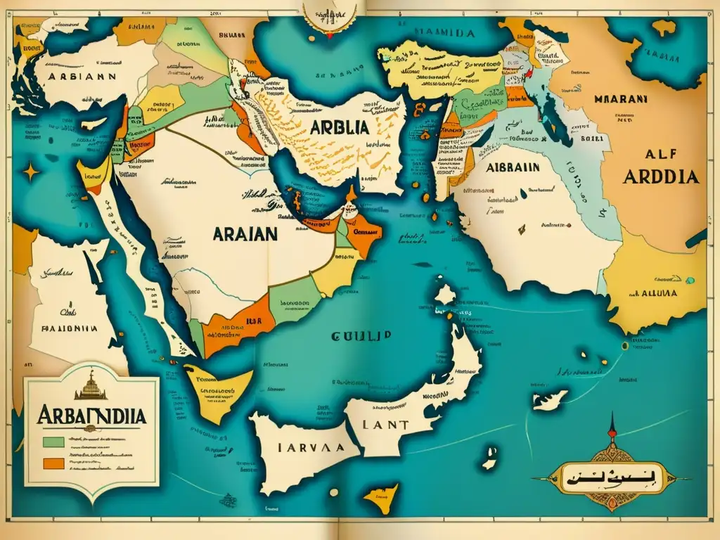 Mapa vintage detallando diferencias dialectales árabe Golfo Levante, con calligrafía única y colores distintivos