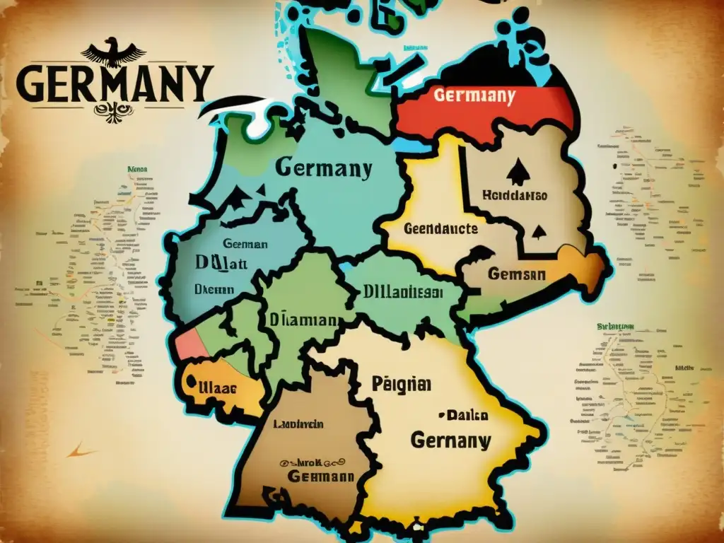 Un mapa vintage de alta resolución de Alemania muestra las diferencias dialectales y la identidad cultural en cada región