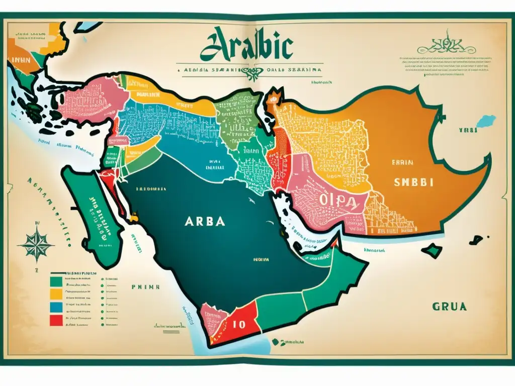 Mapa vintage detallando diferencias regionales en dialectos árabes con caligrafía elaborada y colores vibrantes