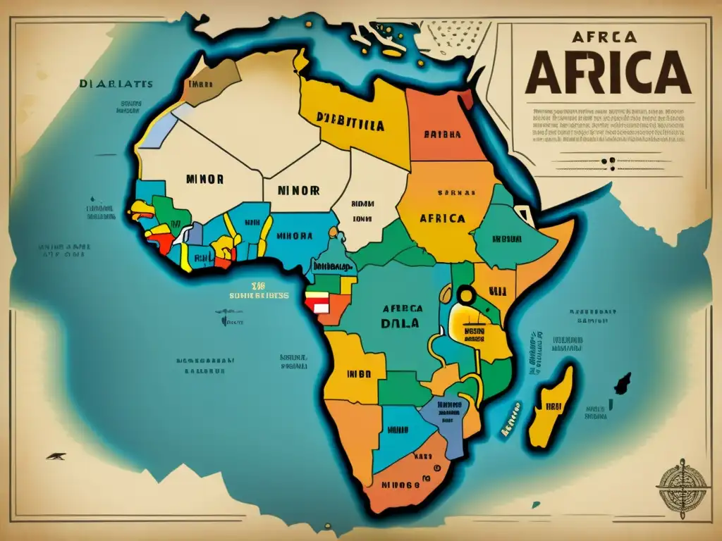 Mapa vintage de África con la distribución de dialectos Bantúes minoritarios, evocando historia y preservación cultural