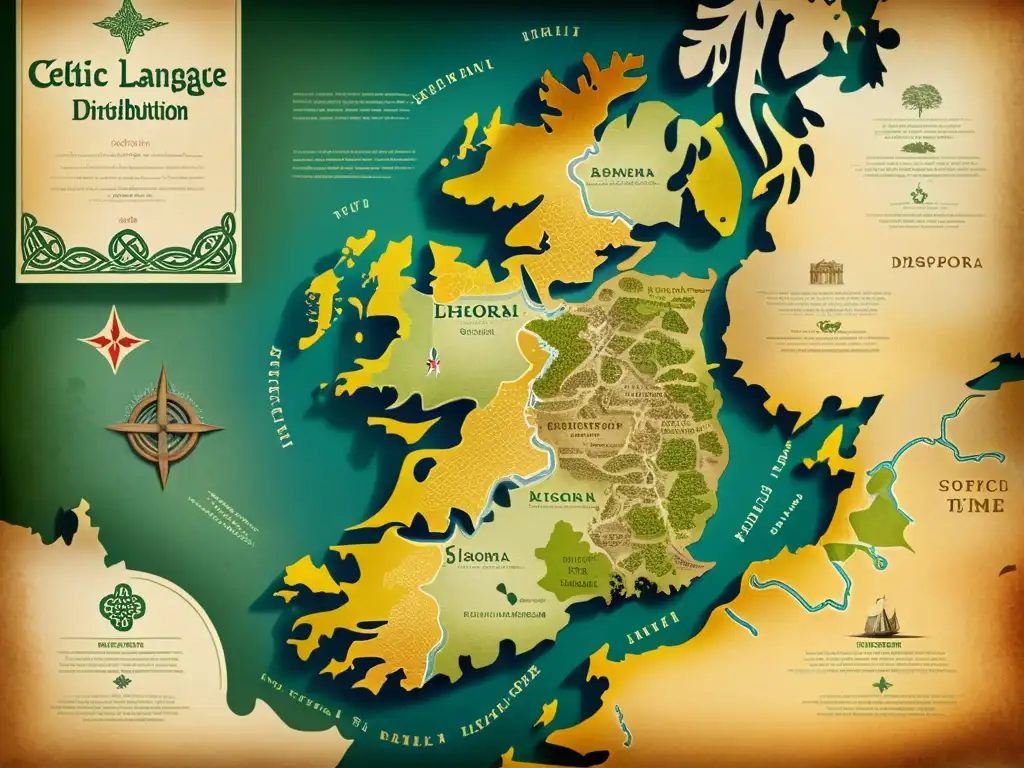 Mapa vintage de la distribución de lenguas celtas, evocando historia y conservación de lenguas celtas diáspora