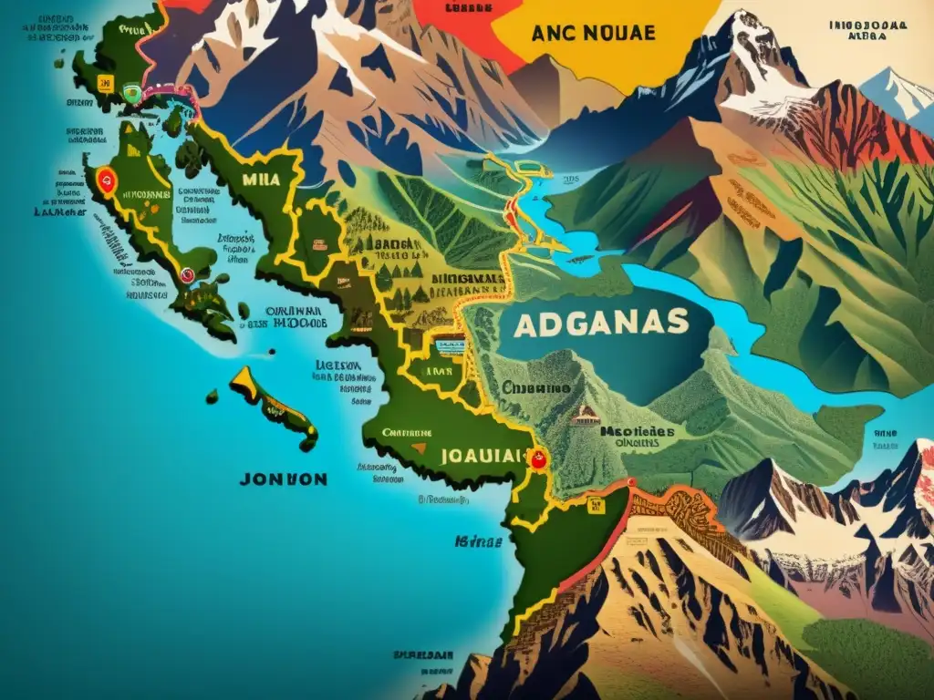 Mapa vintage de los Andes con diversidad lingüística y cultural, mostrando influencia del español en las comunidades indígenas