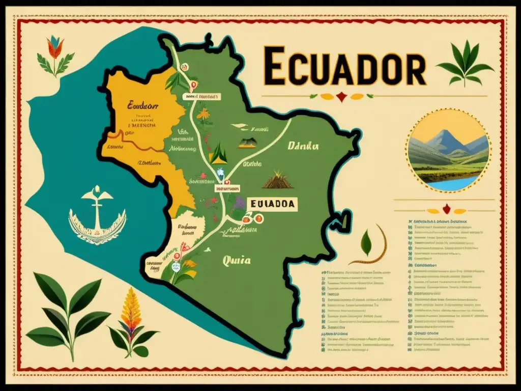 Mapa vintage de Ecuador resaltando regiones donde se habla Kichwa, decorado con patrones textiles y símbolos tradicionales