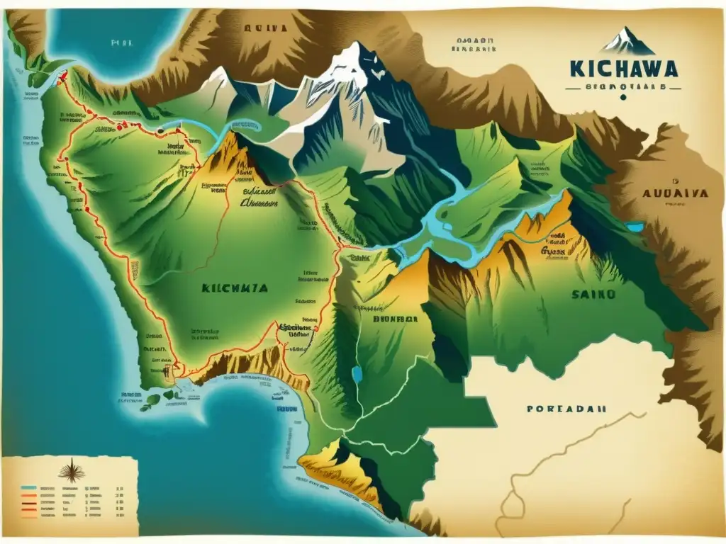 Mapa vintage de los Andes ecuatorianos con símbolos Kichwa y anotaciones detalladas