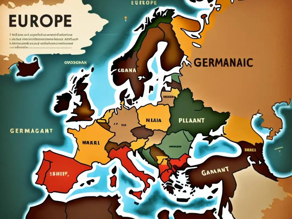 Mapa vintage de Europa con énfasis en el cambio consonántico germánico