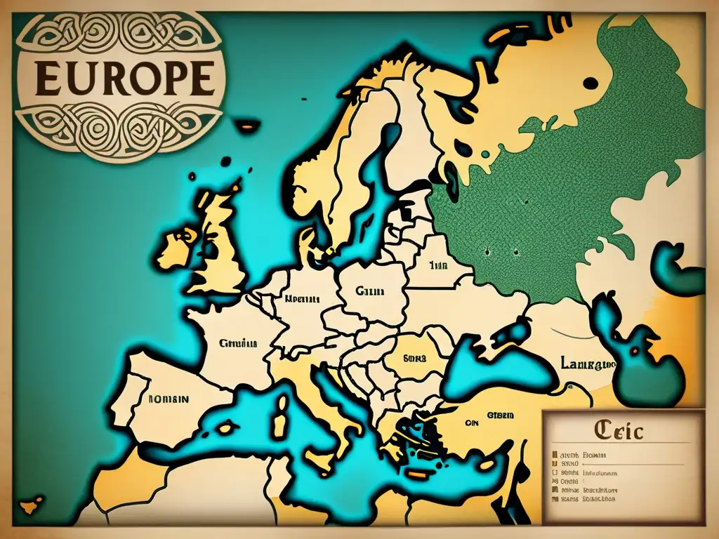 Un mapa vintage de Europa con enfoque en las regiones de lenguas celtas