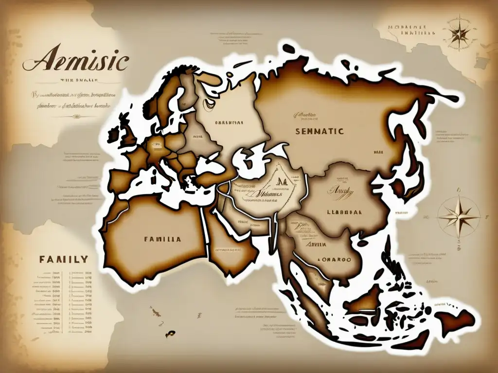 Mapa vintage de la familia lingüística semítica con preservación fonética de lenguas amenazadas