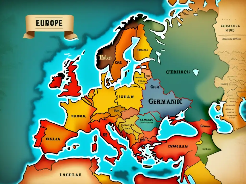 Mapa vintage de Europa muestra transformación fascinante de lenguas germánicas a lo largo del tiempo, con detalles y caligrafía elegante