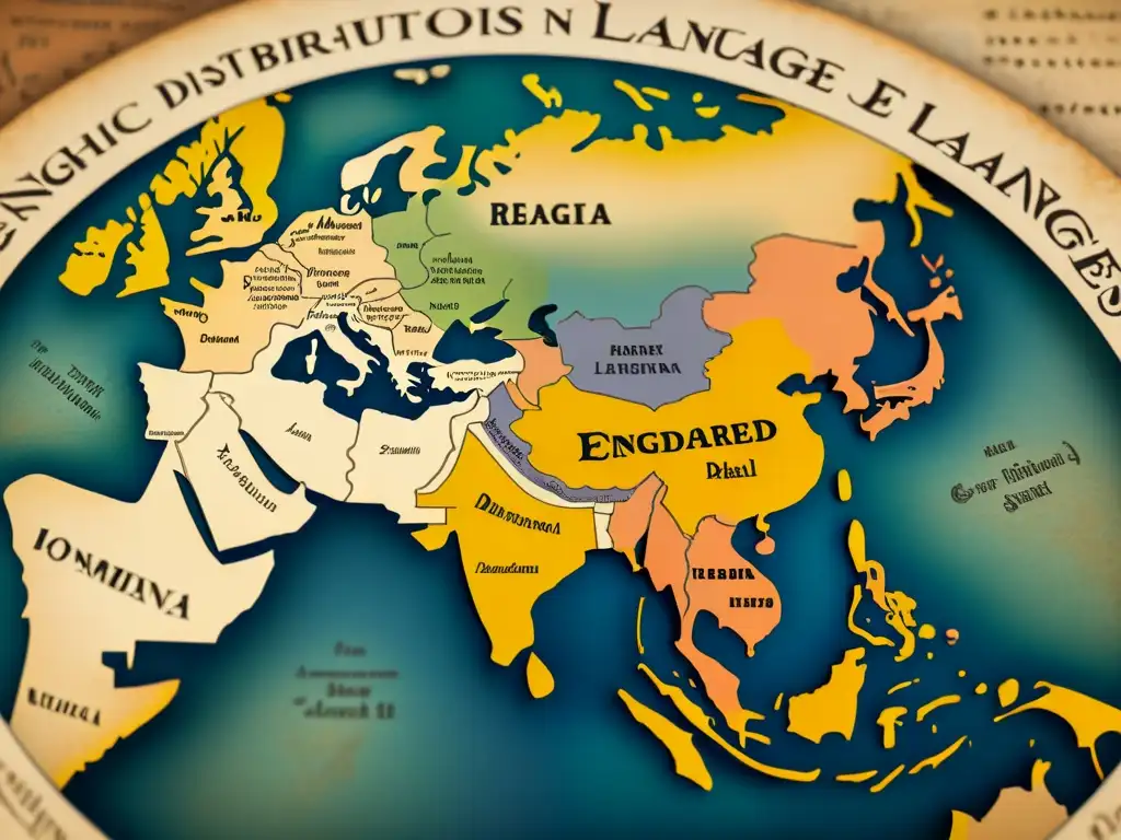 Un mapa vintage muestra la distribución geográfica de lenguas en peligro de extinción con caligrafía detallada y colores desgastados, evocando la historia y la necesidad de preservación