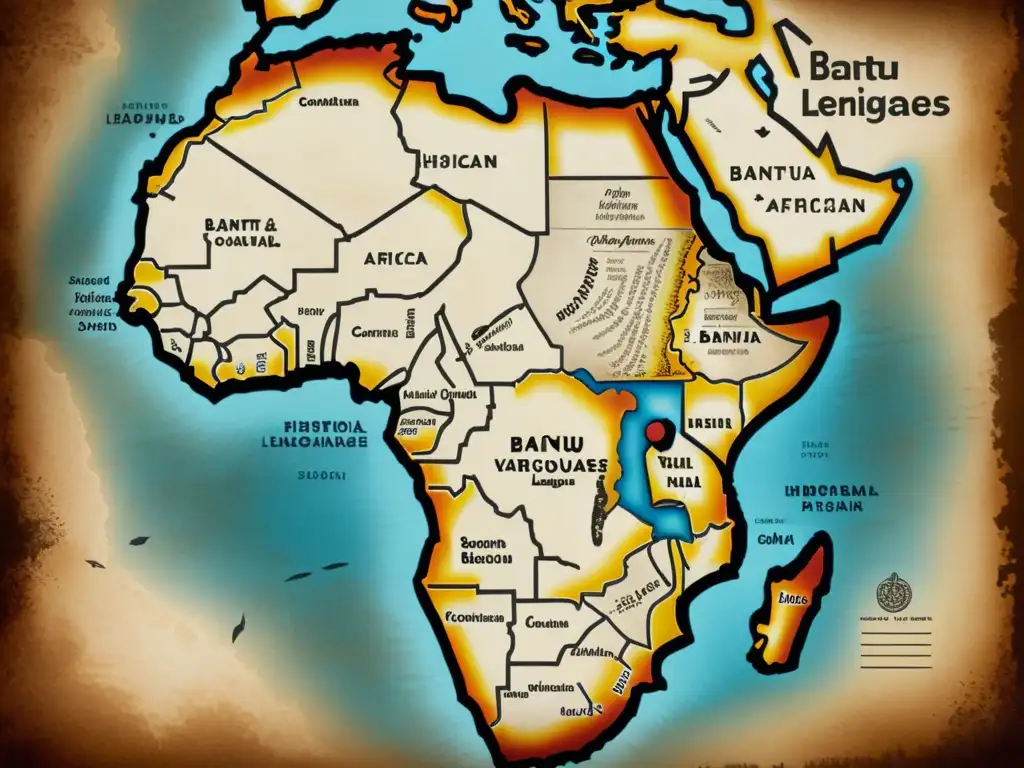 Mapa vintage detallando la expansión histórica de las lenguas bantúes en África, con caligrafía y envejecido sepia evocando riqueza cultural y significado histórico