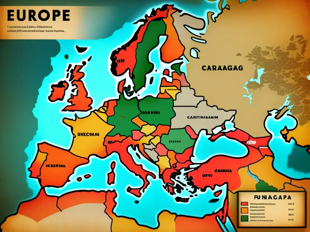 Un mapa vintage de Europa con ilustraciones de artefactos y escrituras fenicias y cartaginesas