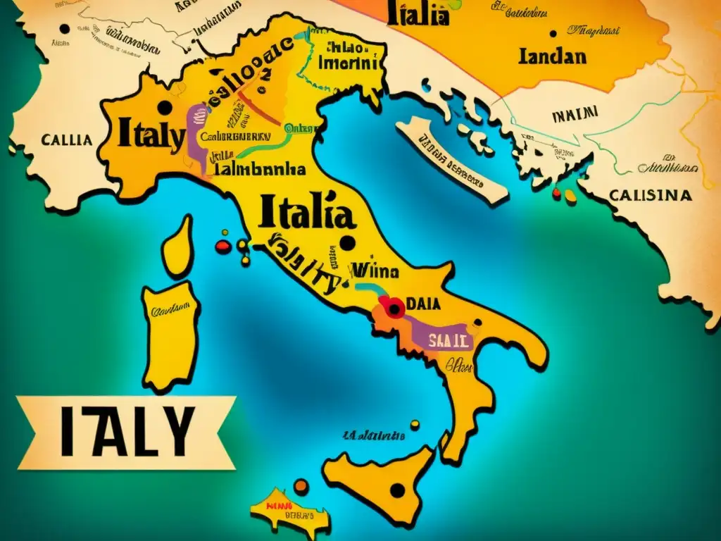 Un mapa vintage de Italia con ilustraciones coloridas e intrincadas de varios hitos regionales, acompañado de etiquetas caligráficas en diferentes dialectos italianos, mostrando la diversidad lingüística del país