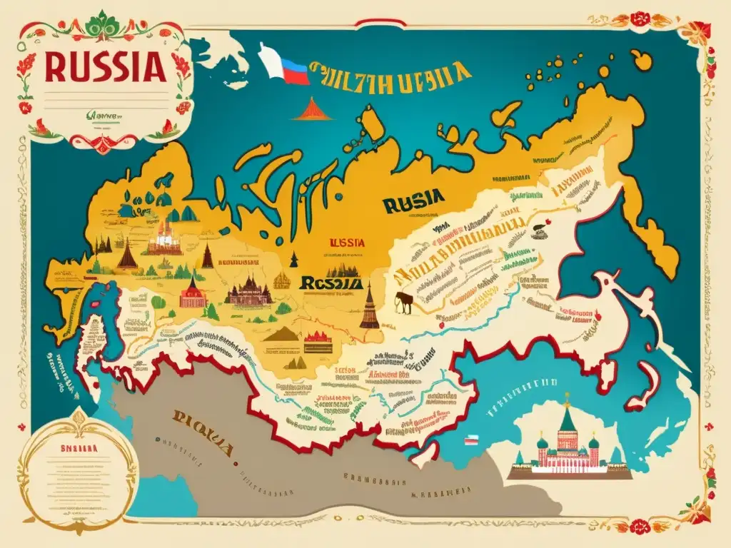 Mapa vintage de Rusia con ilustraciones detalladas de dialectos regionales, evocando la riqueza cultural