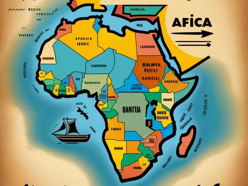 Mapa vintage de África con ilustraciones detalladas de regiones lingüísticas Bantú