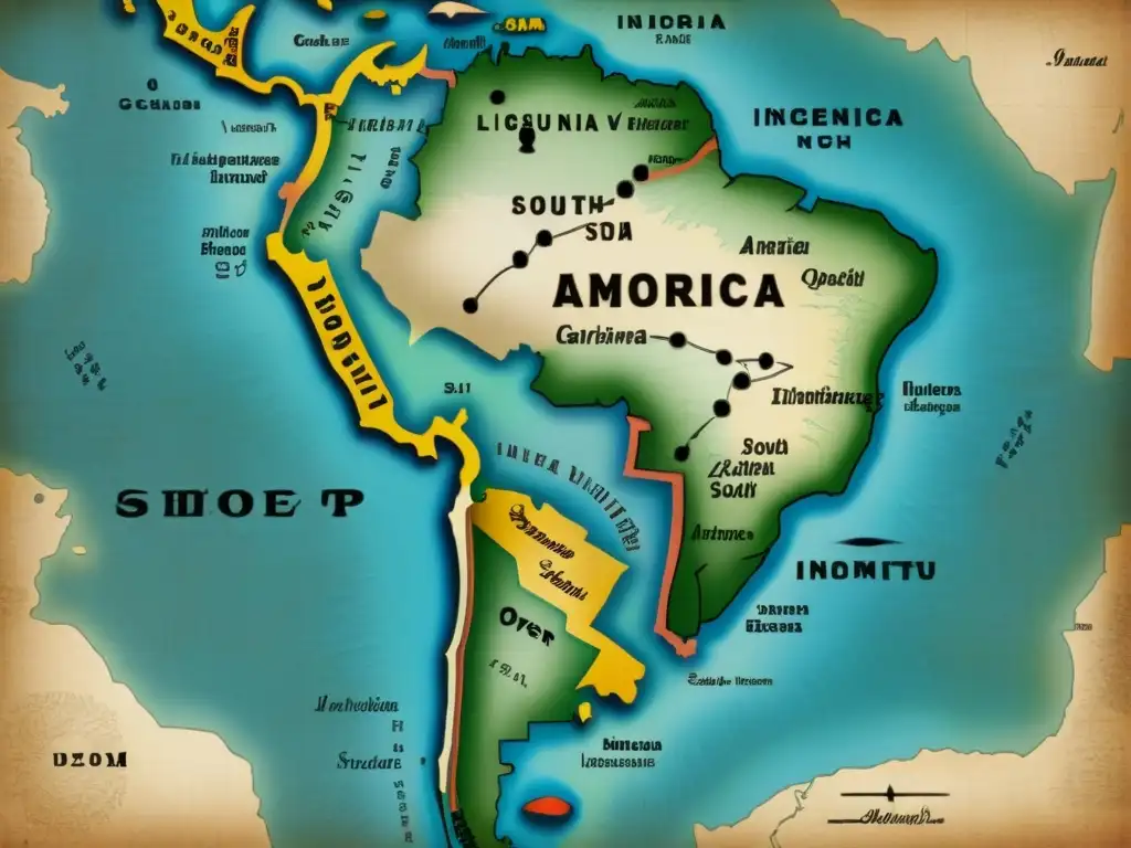 Mapa vintage de Sudamérica: lenguas indígenas y tribus Mapa vintage de Sudamérica con ilustraciones detalladas de tribus indígenas y fonética de lenguas