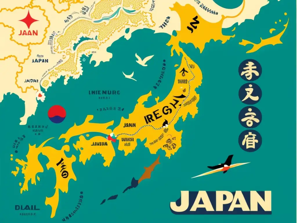 Mapa vintage de Japón con ilustraciones detalladas de sus regiones y dialectos, mostrando la diversidad lingüística