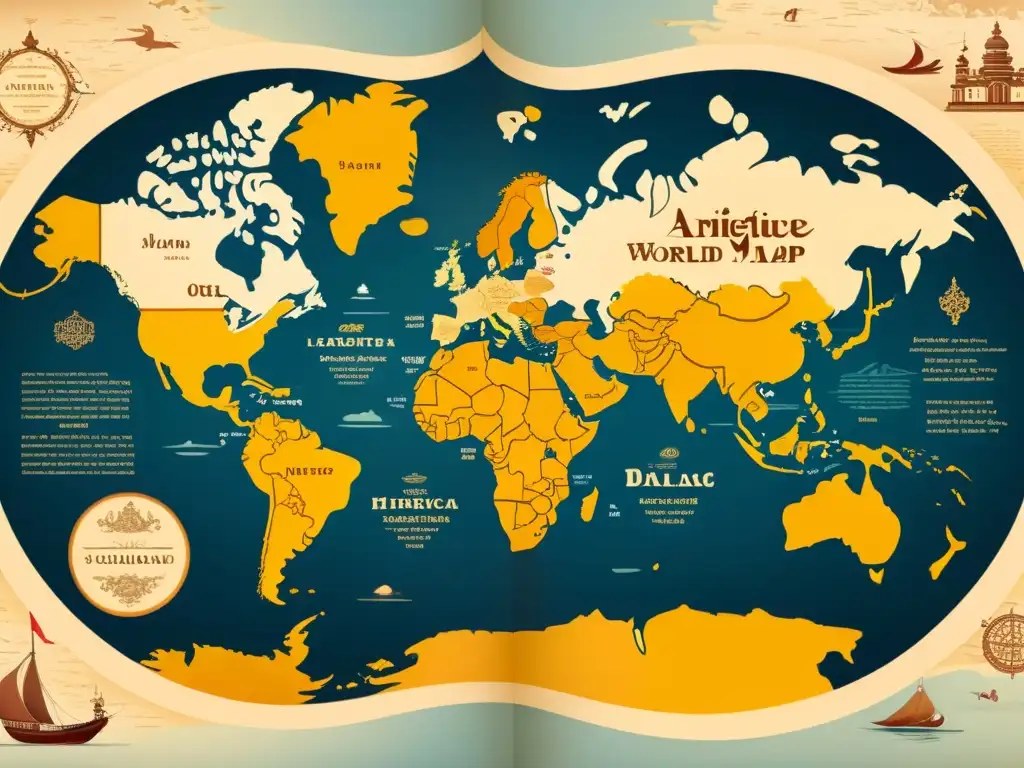 Mapa vintage con ilustraciones de idiomas en caligrafía única, mostrando la diversidad cultural