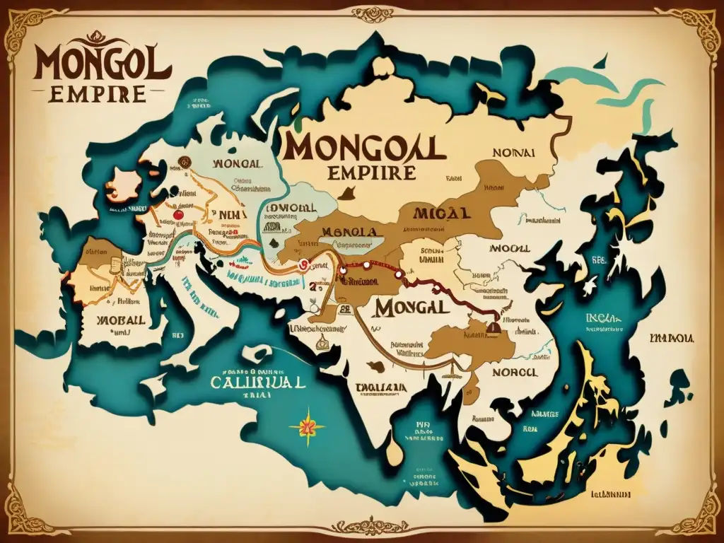 Mapa vintage del Imperio Mongol con detalles dibujados a mano que muestran el desarrollo de lenguas túrquicas e impacto cultural