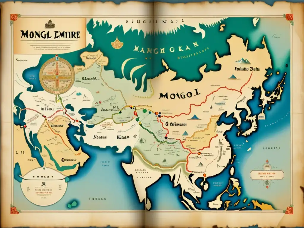 Mapa vintage del Imperio Mongol con detalles intrincados y colores desgastados, mostrando el impacto en el desarrollo de las lenguas túrquicas