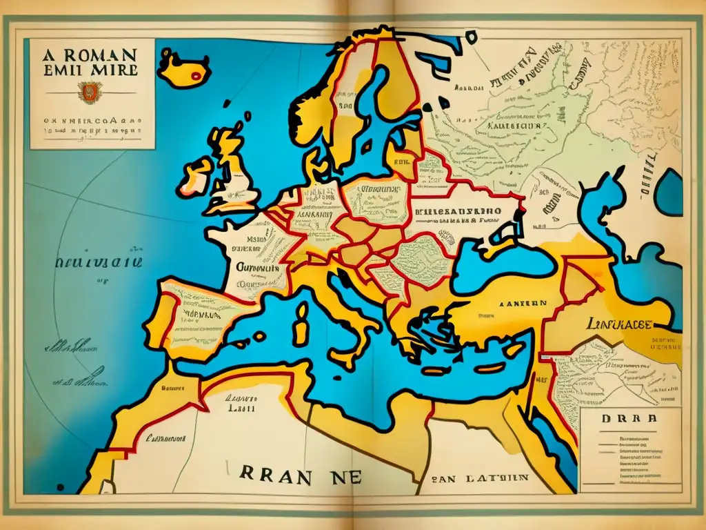 Mapa vintage del Imperio Romano, muestra la evolución de lenguas romances y la desaparición del sistema casuístico latino en tonos envejecidos