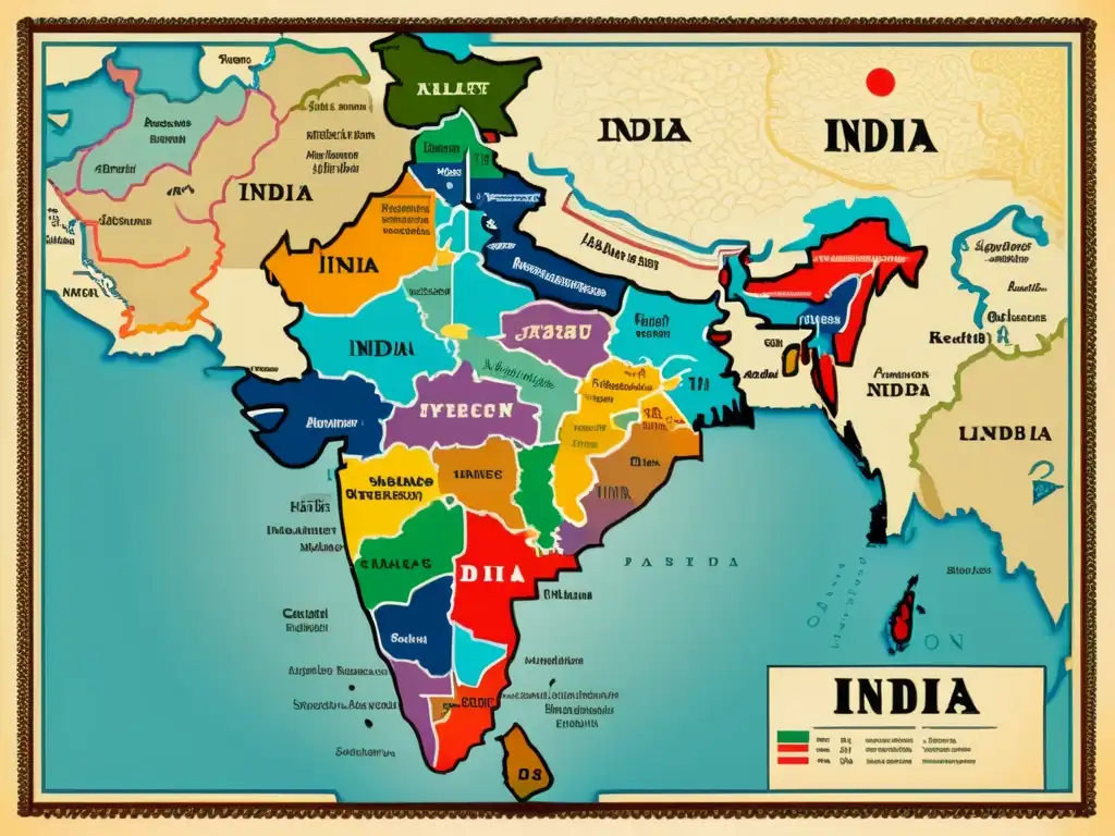 Mapa vintage de India con detalles de los dialectos del Hindi en vibrantes colores, mostrando la diversidad lingüística