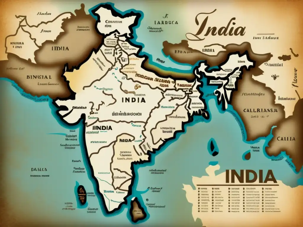 Un mapa vintage de la India muestra los dialectos del hindi en diferentes regiones, con caligrafía resaltando cada uno