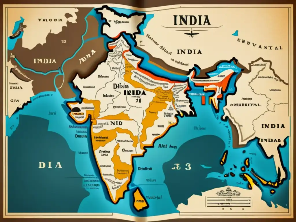 Mapa vintage de la India con los dialectos del Hindi, resaltando la diversidad lingüística