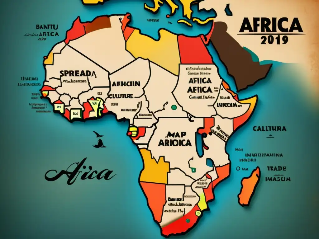 Mapa vintage de África con influencia árabe en lenguas bantúes, detalles intrincados y rutas comerciales, evocando interacción cultural histórica