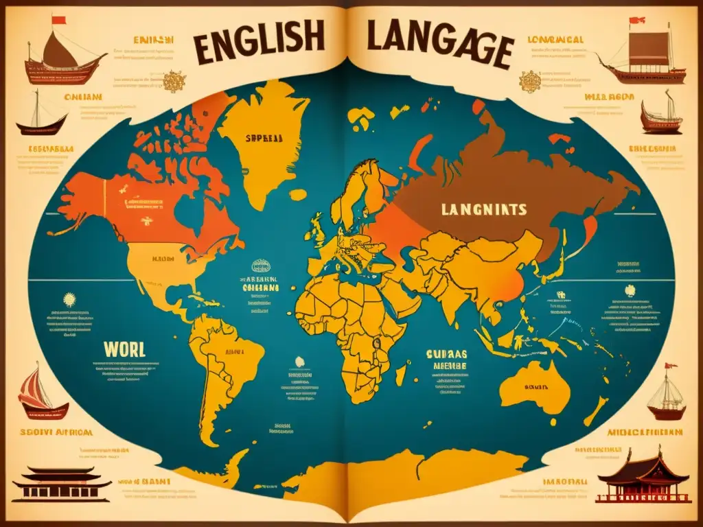 Mapa vintage con influencias culturales y políticas lingüísticas en respuesta a la expansión del inglés en diferentes continentes