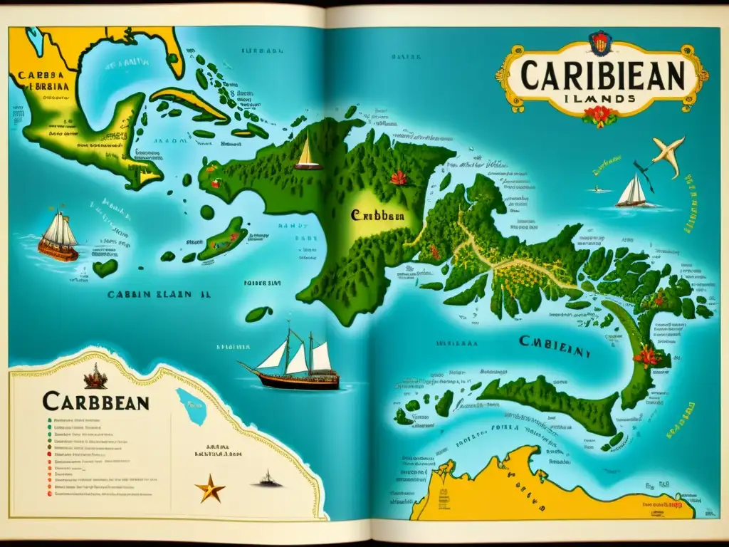 Un mapa vintage de las islas del Caribe, con flora y fauna detallada