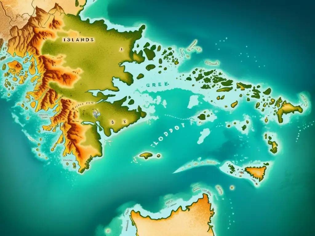 Un mapa vintage de las islas griegas muestra detalles de la costa y topografía