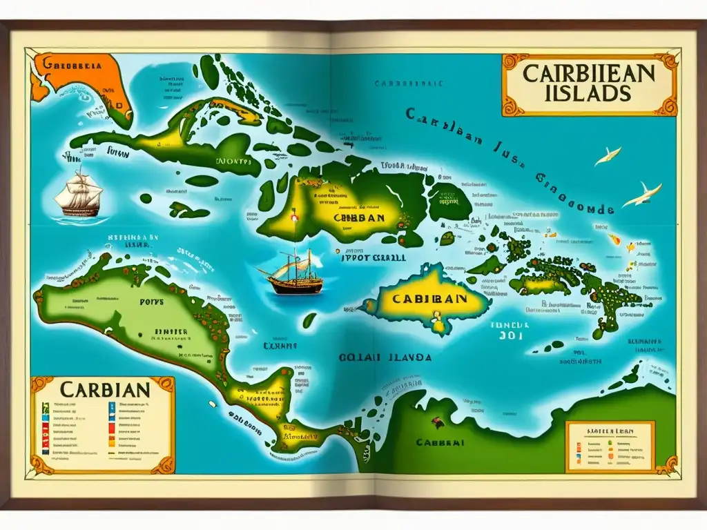 Un mapa vintage de las islas del Caribe, mostrando la evolución de las lenguas criollas en la región