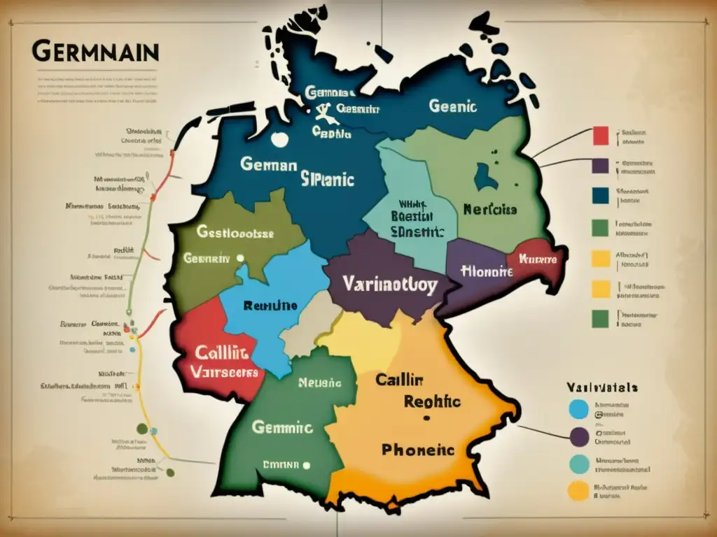 Mapa vintage detallando las isoglosas fonéticas de la dialectología germánica, con ilustraciones y colores distintivos