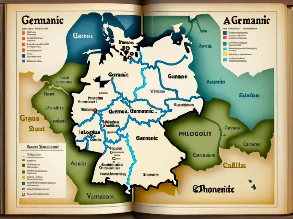 Un mapa vintage de isoglosas de la lengua germánica, detallando variaciones fonéticas en dialectos con anotaciones, evocando historia y erudición