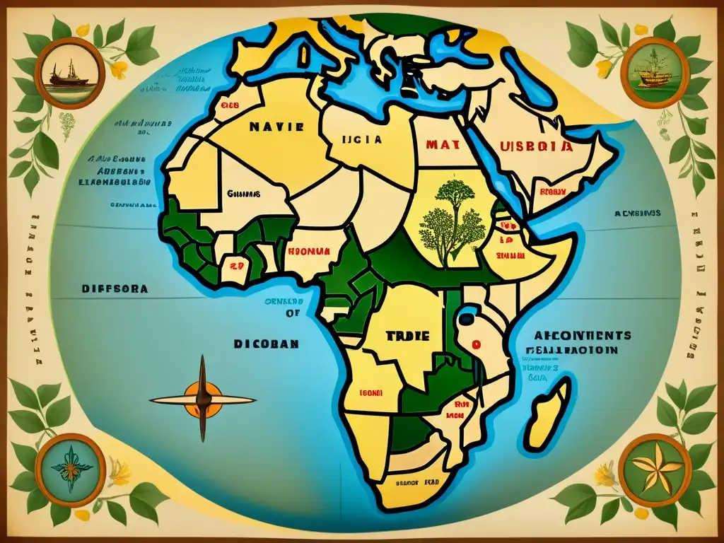 Mapa vintage que muestra la evolución de lenguas africanas en diáspora, con ilustraciones detalladas y una atmósfera histórica y cultural