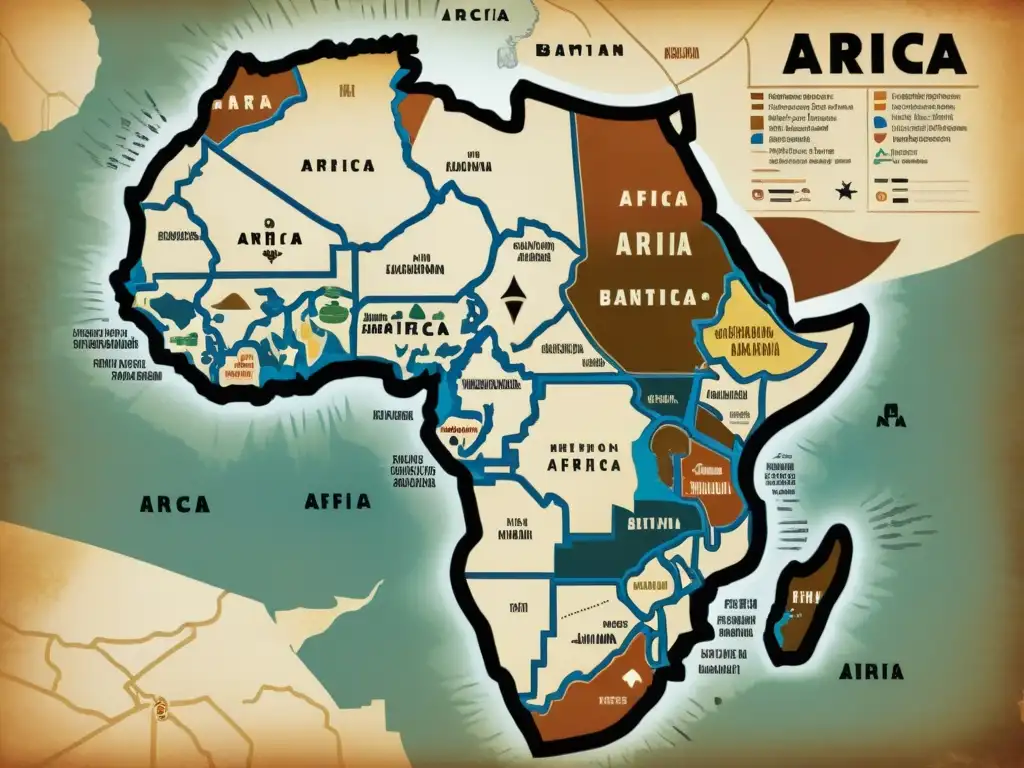 Mapa vintage de África con evolución de lenguas africanas en diáspora, rutas migratorias y riqueza cultural en tonos terrosos