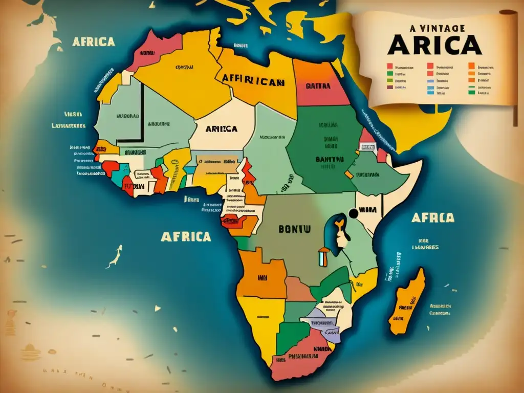 Mapa vintage de África muestra la difusión de lenguas bantúes y no bantúes con detalles de cultura tradicional