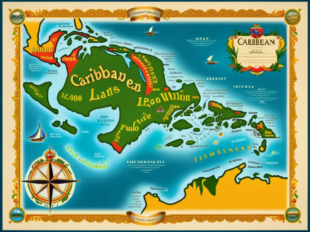 Mapa vintage del Caribe con lenguas criollas evolución, ilustraciones detalladas, colores vibrantes y caligrafía elaborada