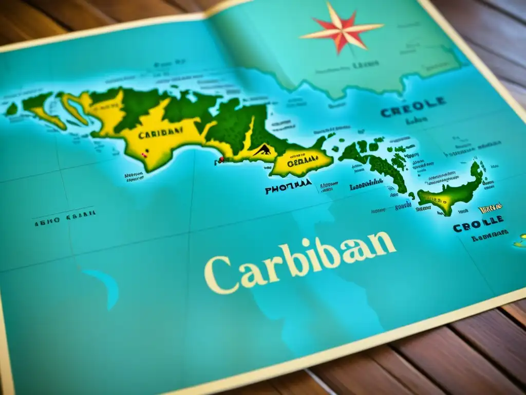 Mapa vintage detallando la evolución de las lenguas criollas del Caribe, con ilustraciones lingüísticas y culturales