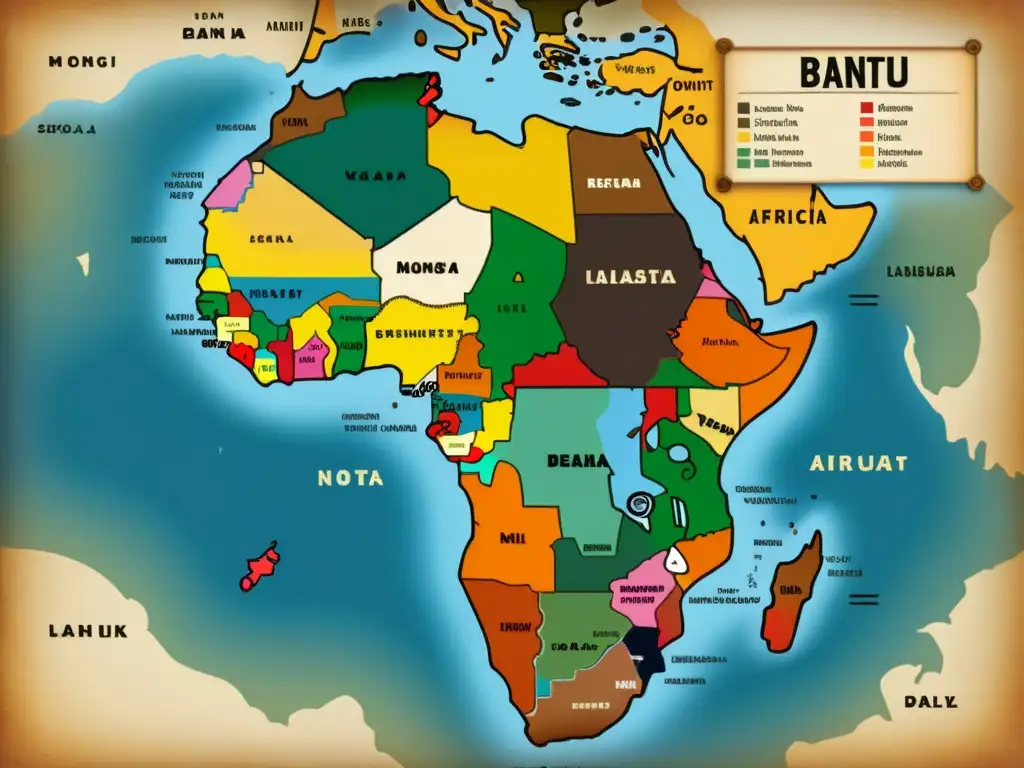 Mapa vintage de las lenguas bantúes, con detalles intrincados y una cálida paleta sepia que evoca nostalgia y exploración académica