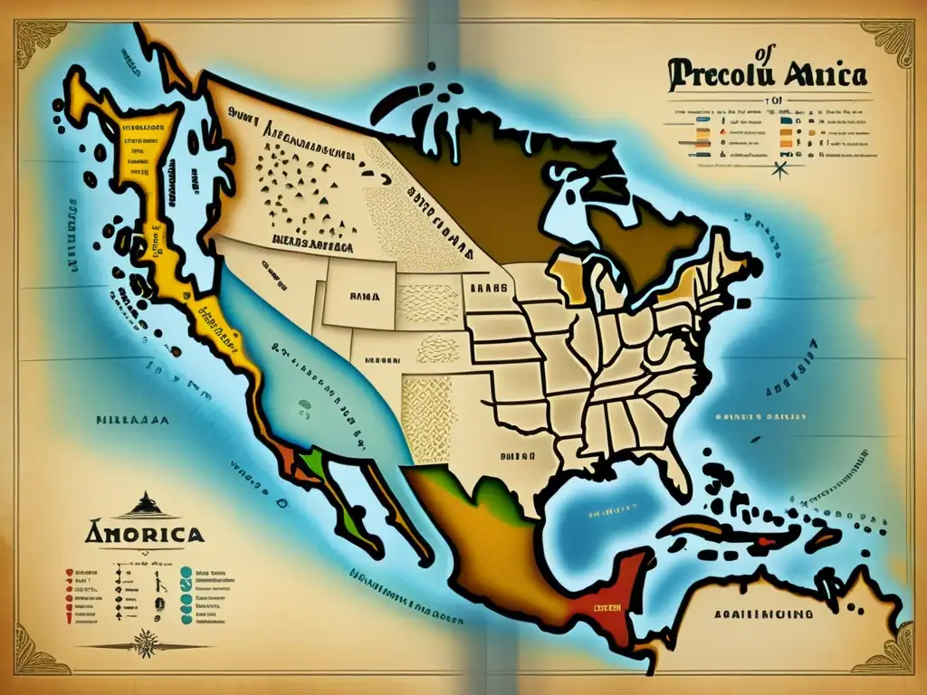 Mapa vintage de América precolombina con lenguas extintas representadas por símbolos ornamentados y caligrafía detallada