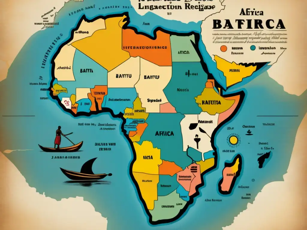 Mapa vintage de África con interacción entre lenguas bantúes, ilustraciones culturales y símbolos regionales