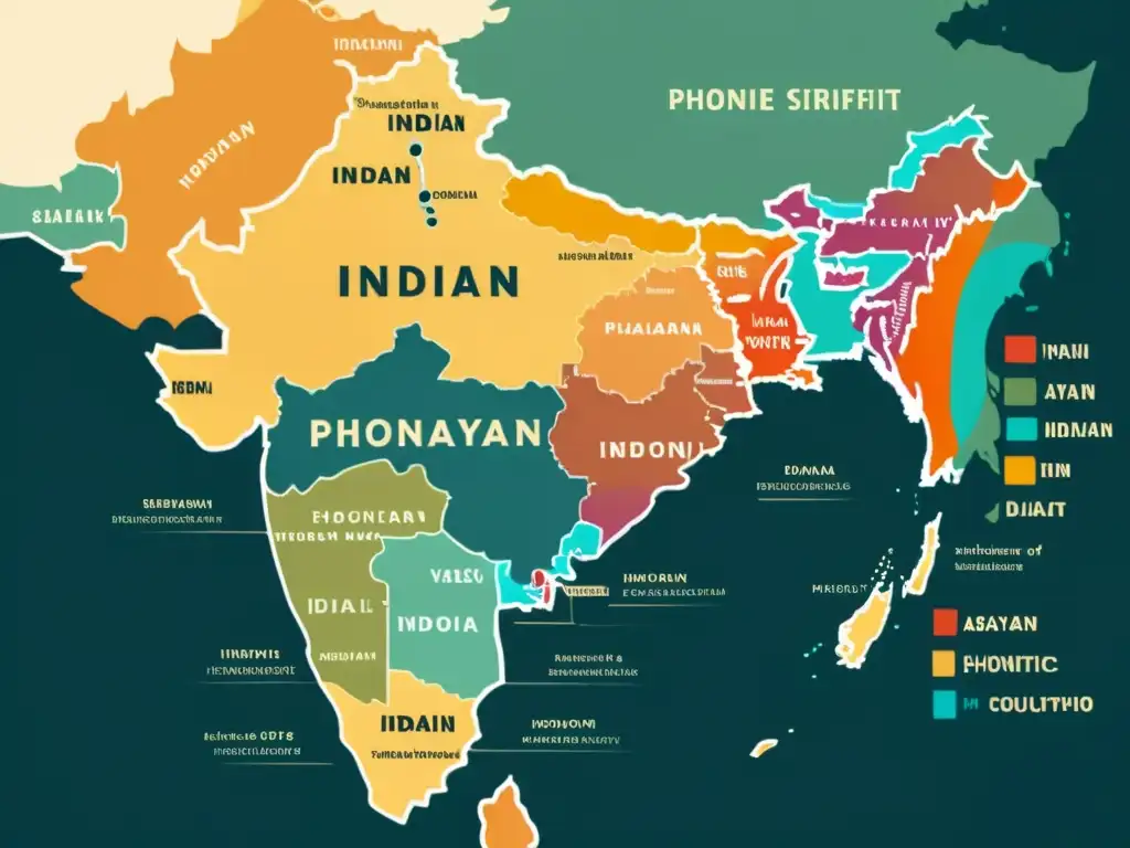 Un mapa vintage detallando la evolución fonética de lenguas indoarias, con ondas sonoras y caligrafía histórica