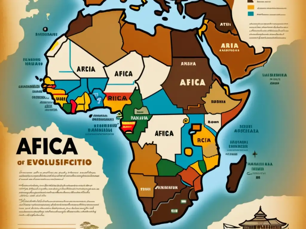 Mapa vintage de África que muestra la evolución de las lenguas bantúes y sus migraciones, con ilustraciones detalladas y descripciones elegantes