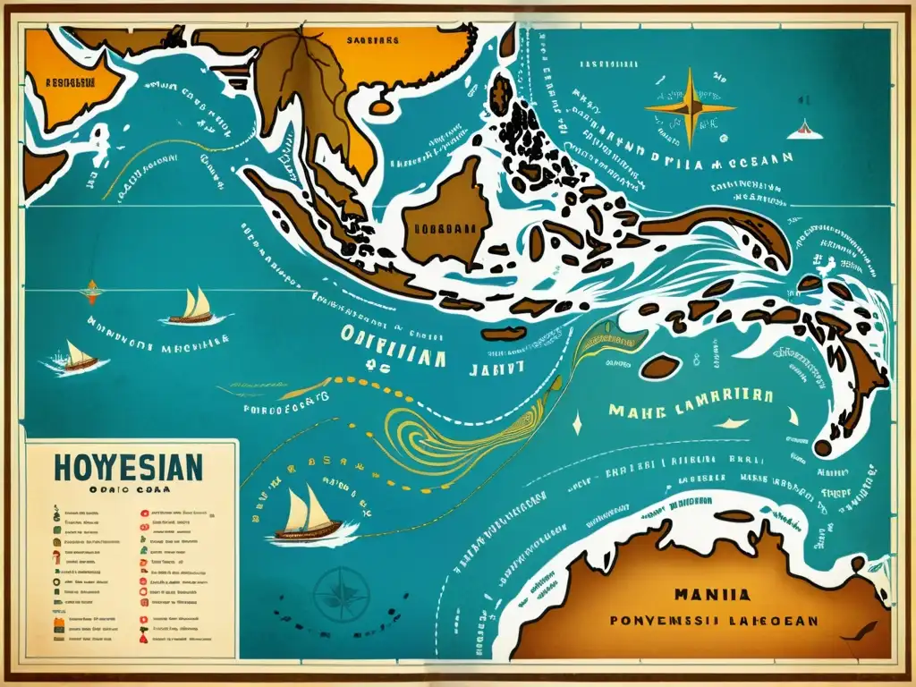 Mapa vintage de la expansión y evolución de lenguas polinesias en el Pacífico, con detalles de canoas y símbolos culturales polinesios