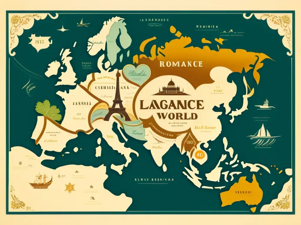 Un mapa vintage de las lenguas romances con ilustraciones detalladas de monumentos y símbolos culturales