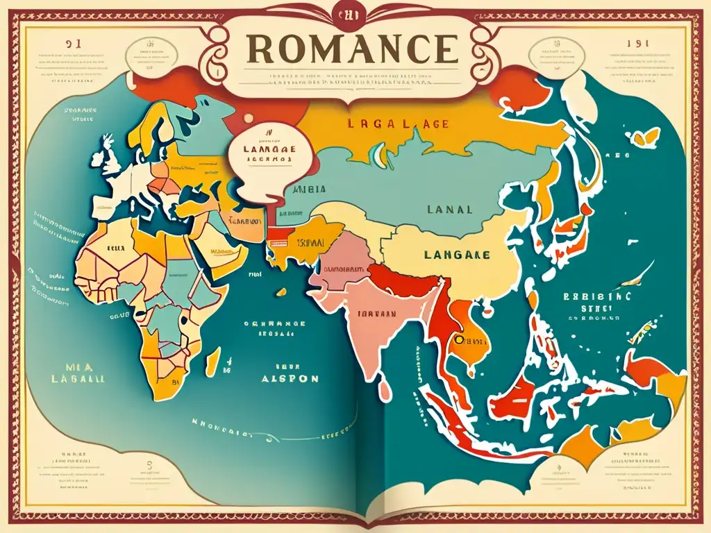 Mapa vintage de lenguas romances con detalles coloridos que representan la conexión entre estas comunidades lingüísticas