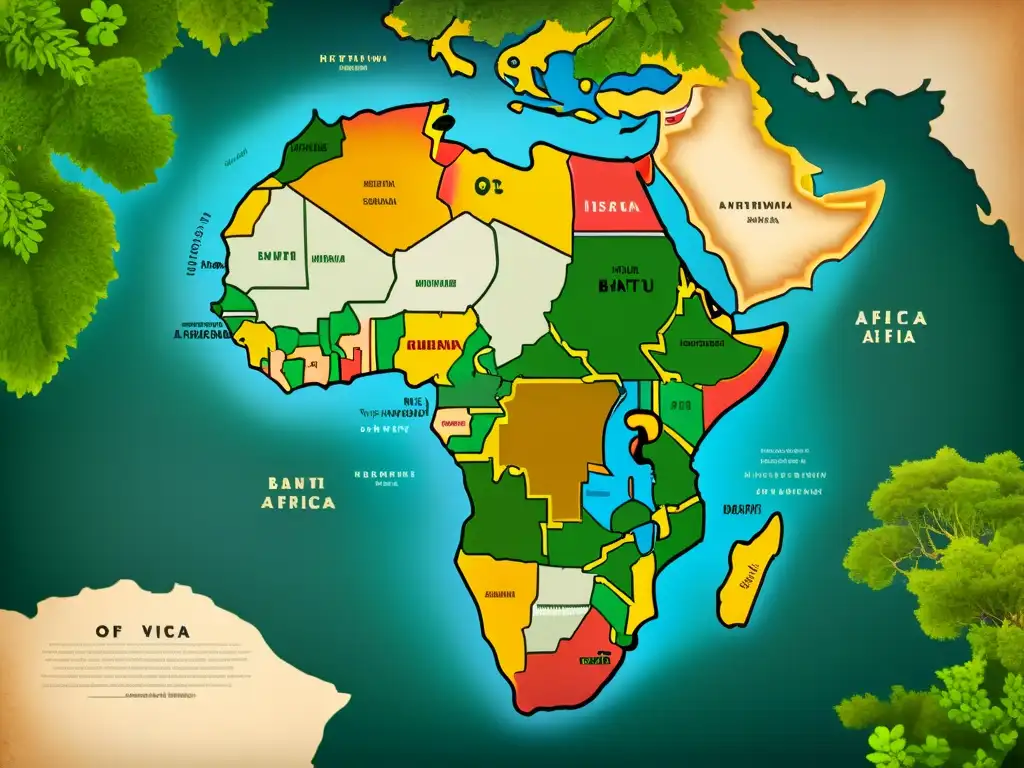 Mapa vintage de África con distribución de lenguas bantúes y símbolos culturales, rodeado de exuberante vegetación