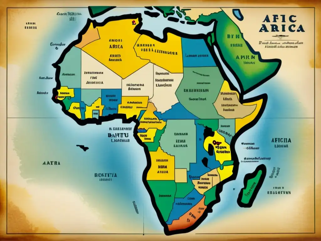 Mapa vintage detallando la evolución de lenguas bantúes en África