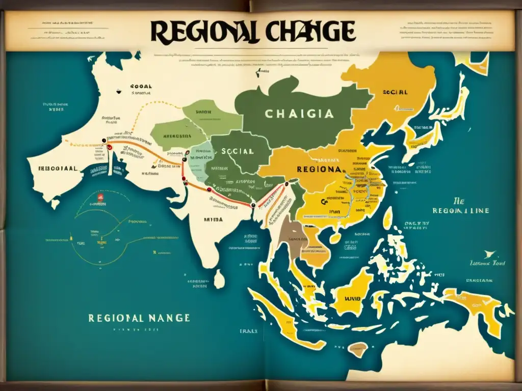 Mapa vintage con líneas de cambio de dialectos regionales debido al cambio social, evocando la influencia duradera